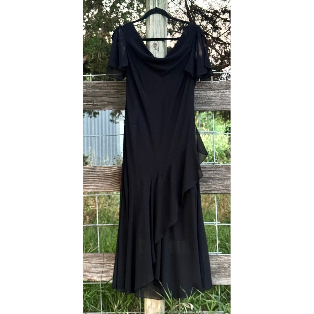 Eva Blue Black Flutter Sleeve Cowl Neck Ruffle Midi Dress Size 12 Formal Event